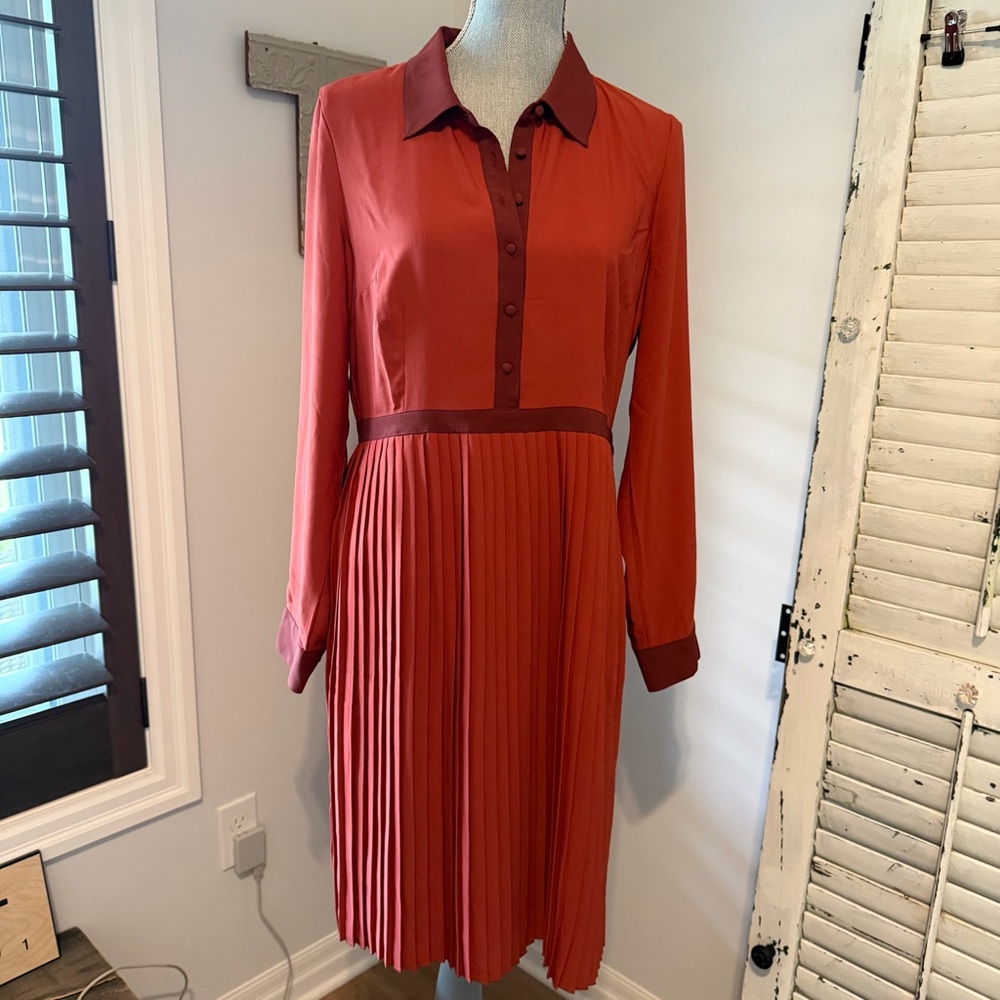 MODCLOTH Just my Typist midi dress pleated skirt w/ button top Rust/red size L